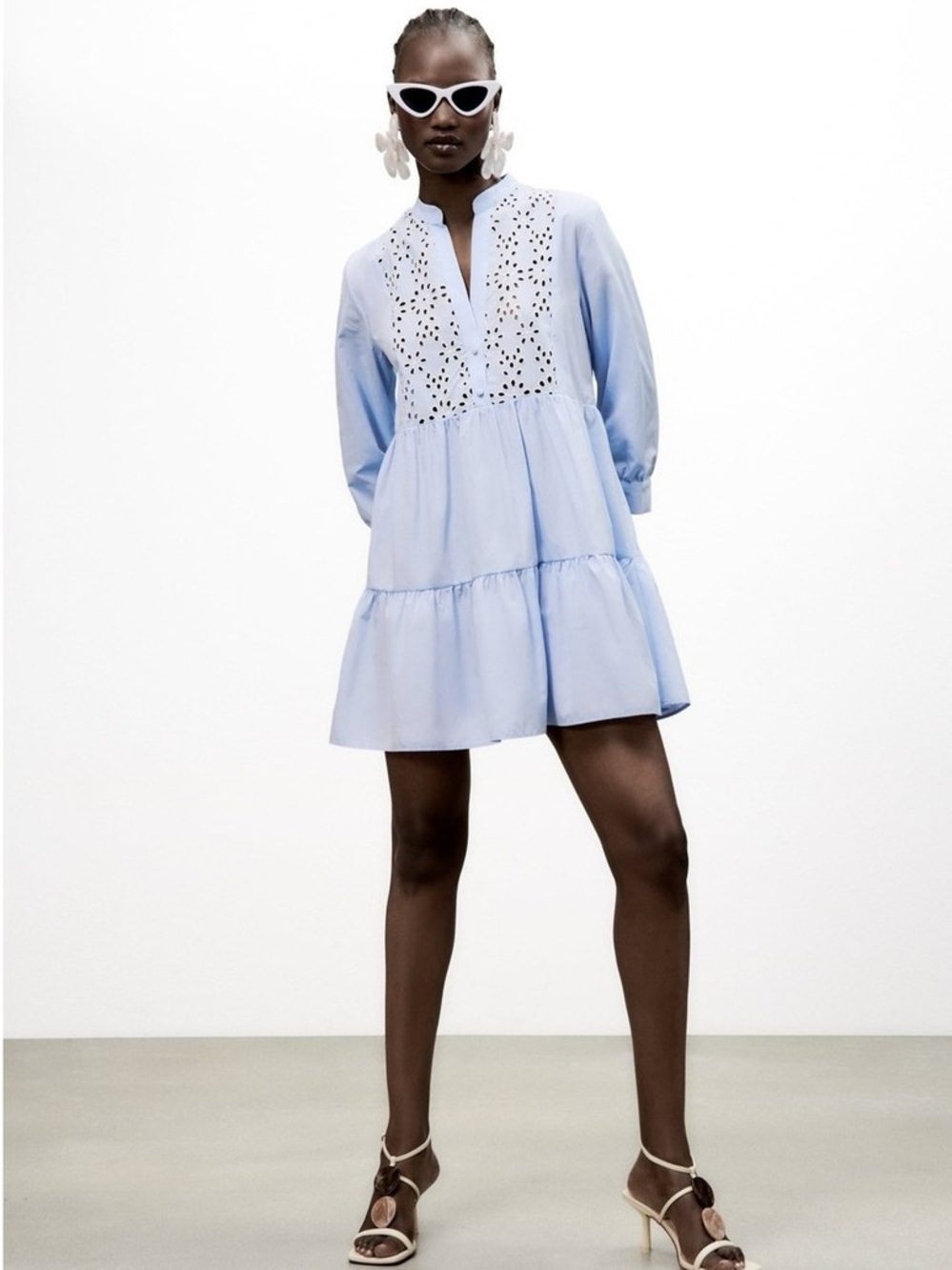 Zara Embroidery Blue Mini Swing Dress Small Coquette Soft Feminine Coastal NWT